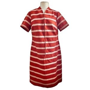 Vintage 60s Mod Shift Dress ILGWU Red & Ivory Striped Zip Front A-Line Retro XL